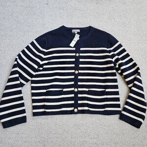 J. Crew Emilie Sweater Lady Jacket In Stripe XL Blue Ivory Cotton Office Casual